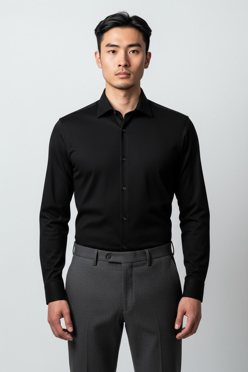 Men’s Black Textured Dress Shirt – Slim Fit Formal Cotton Shirt
