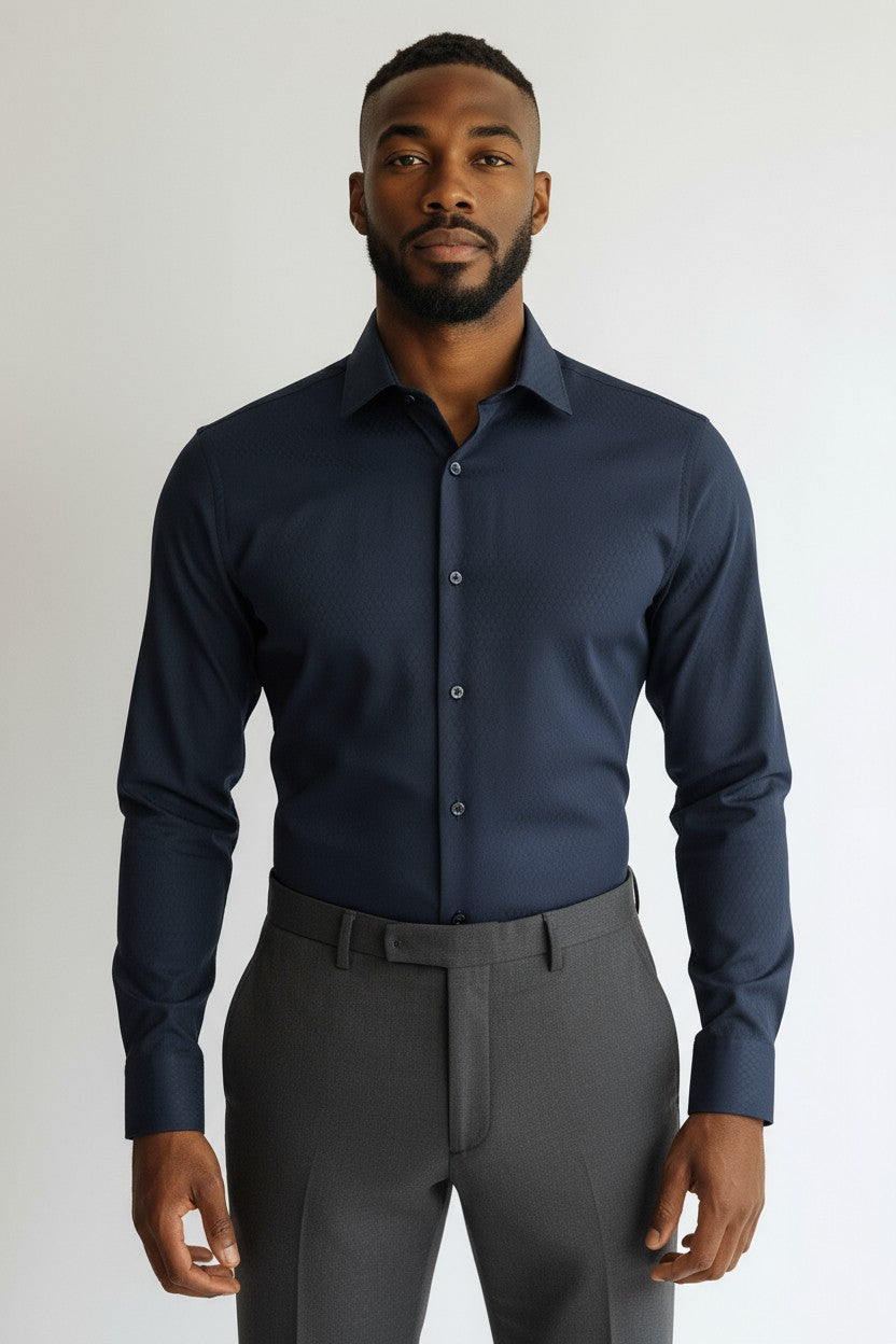 Men’s Navy Blue Dress Shirt – Slim Fit Formal Cotton Shirt