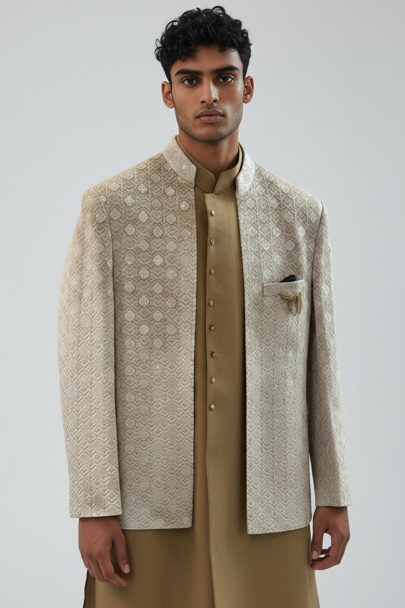 Beige Textured Indo-Western Jacket Set for Men