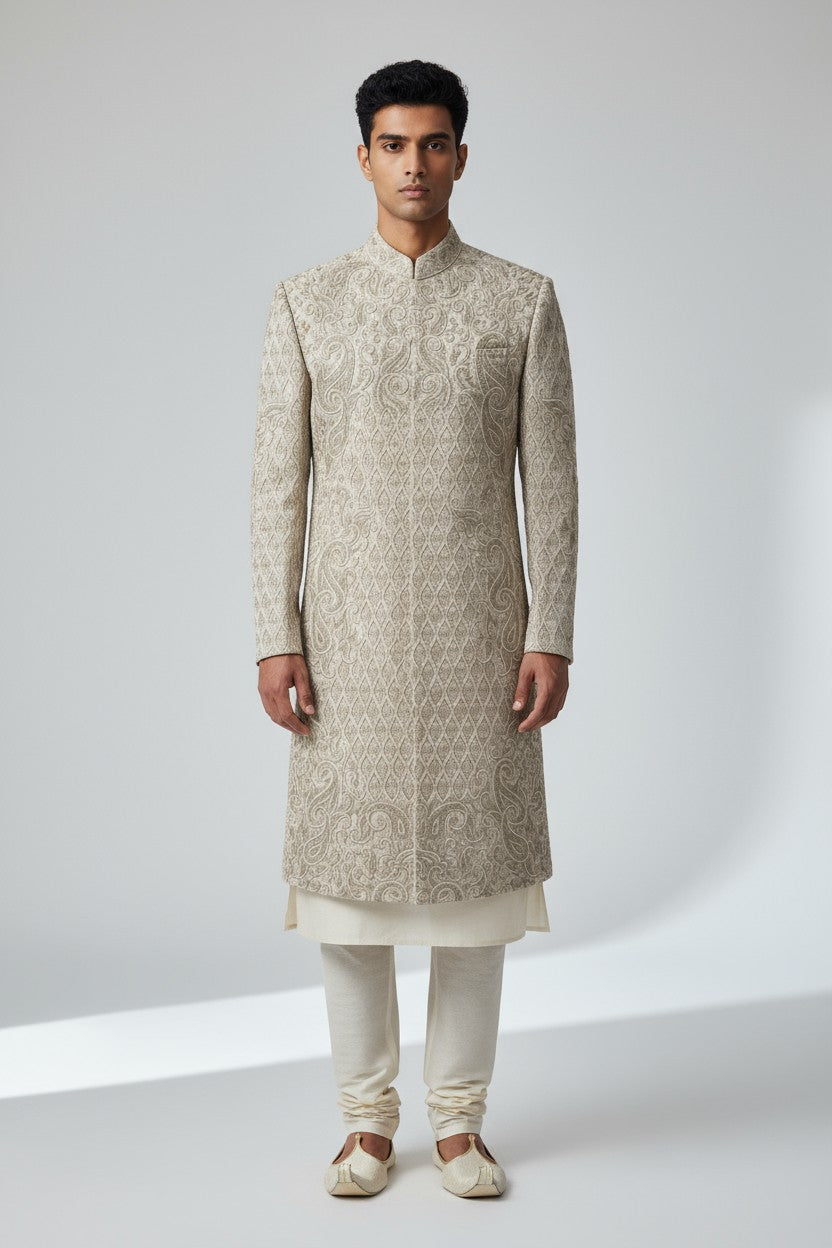 Champagne Beige Sherwani for Men – Elegant Embroidered Wedding Attire