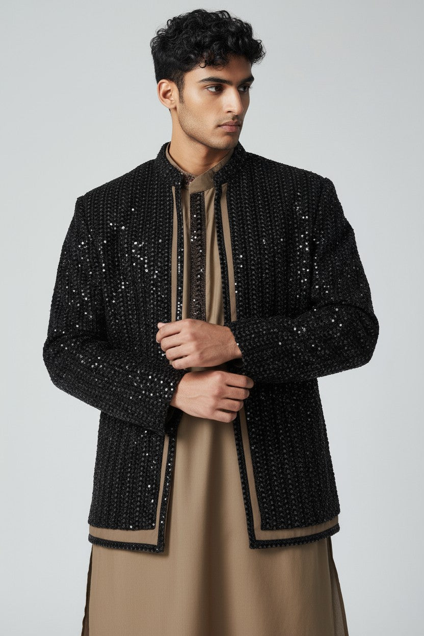 Black Sequin Indo-Western Jacket Set for Men