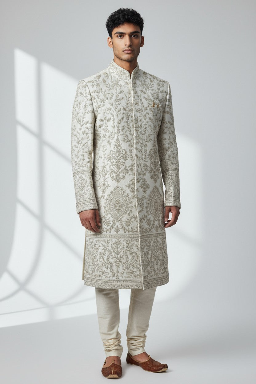 Ivory Embroidered Sherwani for Men – Royal Handcrafted Wedding Ensemble