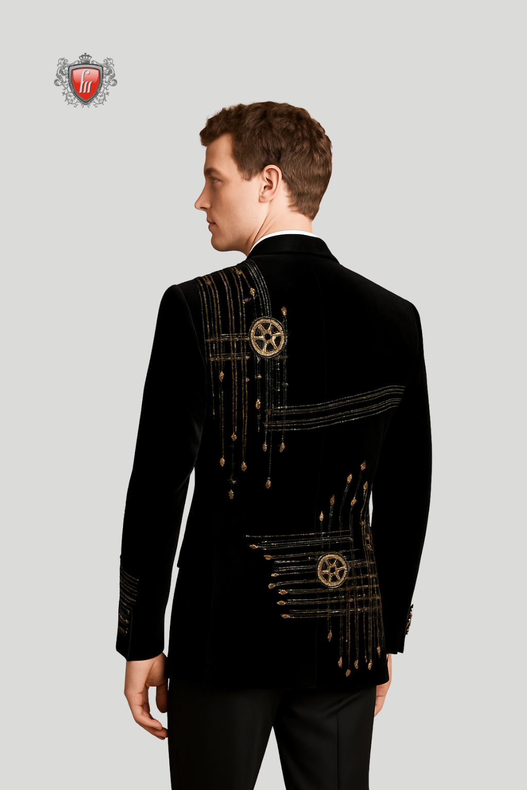 Mens Luxury Black Statement Tuxedo Set with Asymmetrical Gold Embroidery 7XL - 54 Mens Luxury Black Statement Tuxedo Set with Asymmetrical Gold Embroidery 7XL - 54