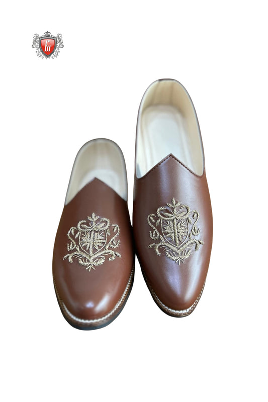 Men’s Brown Leather Jutti with Regal Golden Crest Embroidery – Traditional Wedding Footwear