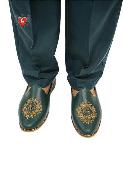 Men’s Bottle Green Ethnic Jutti – Golden Floral Embroidery