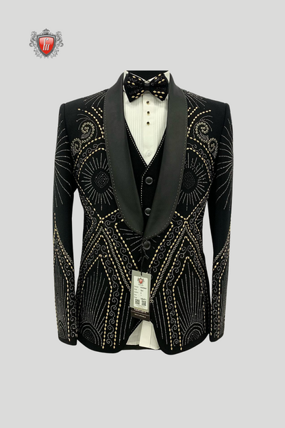 Men's Luxury Black Suit with Golden Gear Embellishments