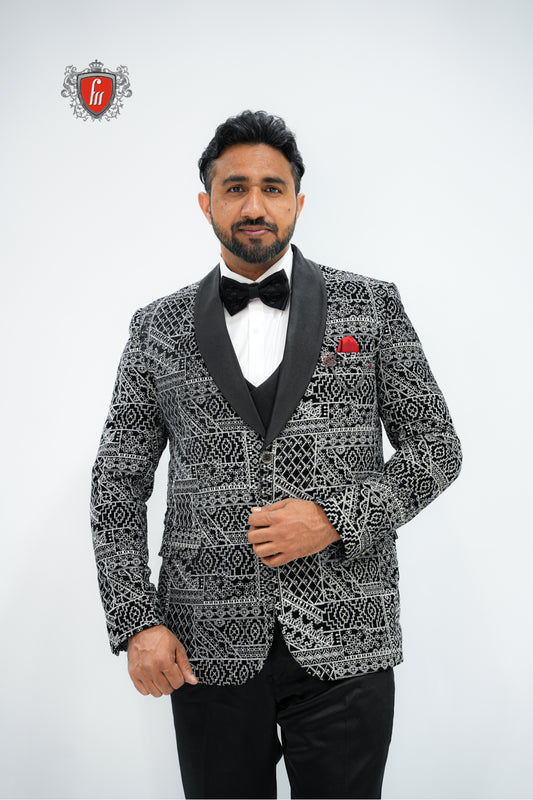 Men’s Black Patterned Velvet 3-Piece Tuxedo – Statement Suit with Satin Lapel