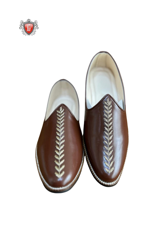 Men’s Brown Leather Jutti with Golden Leaf Line Embroidery – Classic Ethnic Footwear