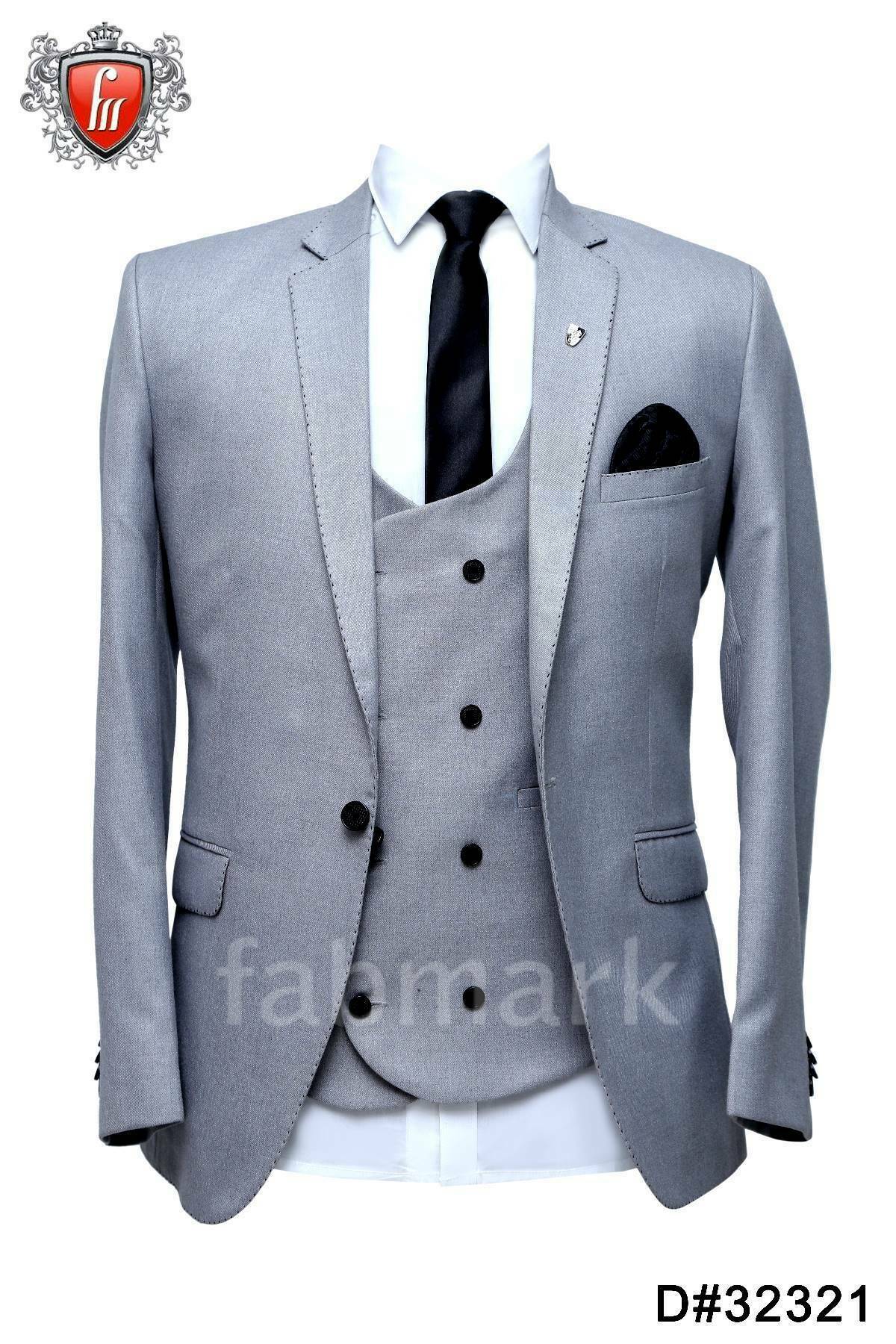 Fabmark 3pc Designer Silver Grey Viswool Suit