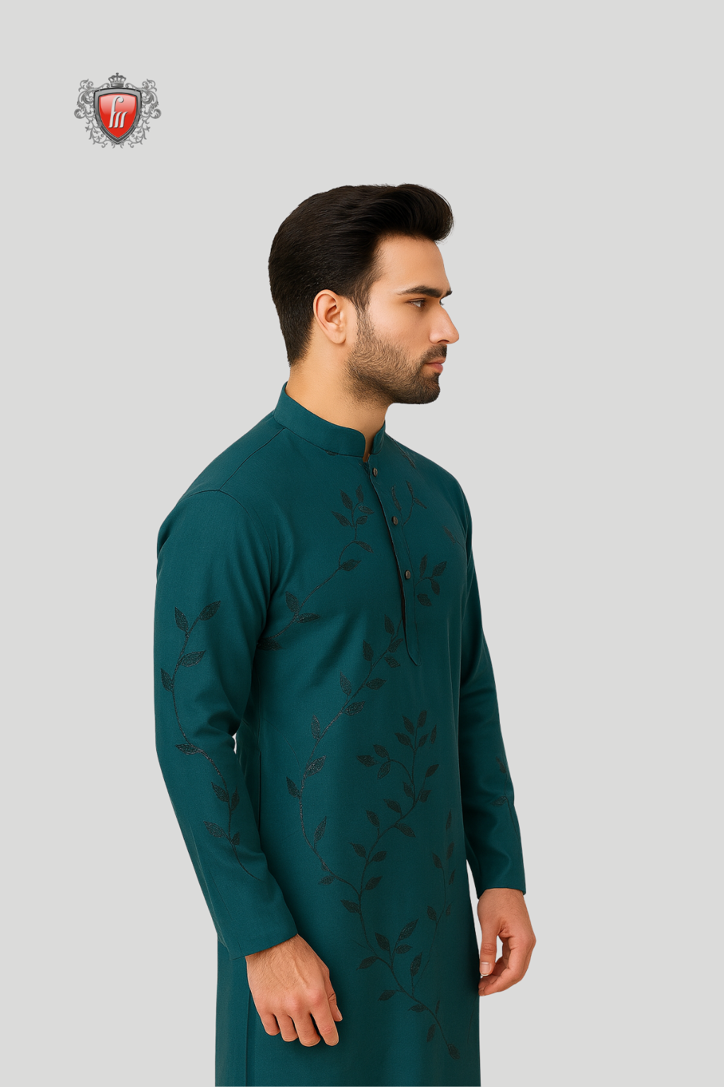 Men’s Teal Blue Silk Kurta – Black Leaf Detailing, Festive Ethnic Wear
