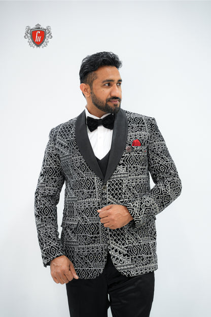 Men’s Black Patterned Velvet 3-Piece Tuxedo – Statement Suit with Satin Lapel