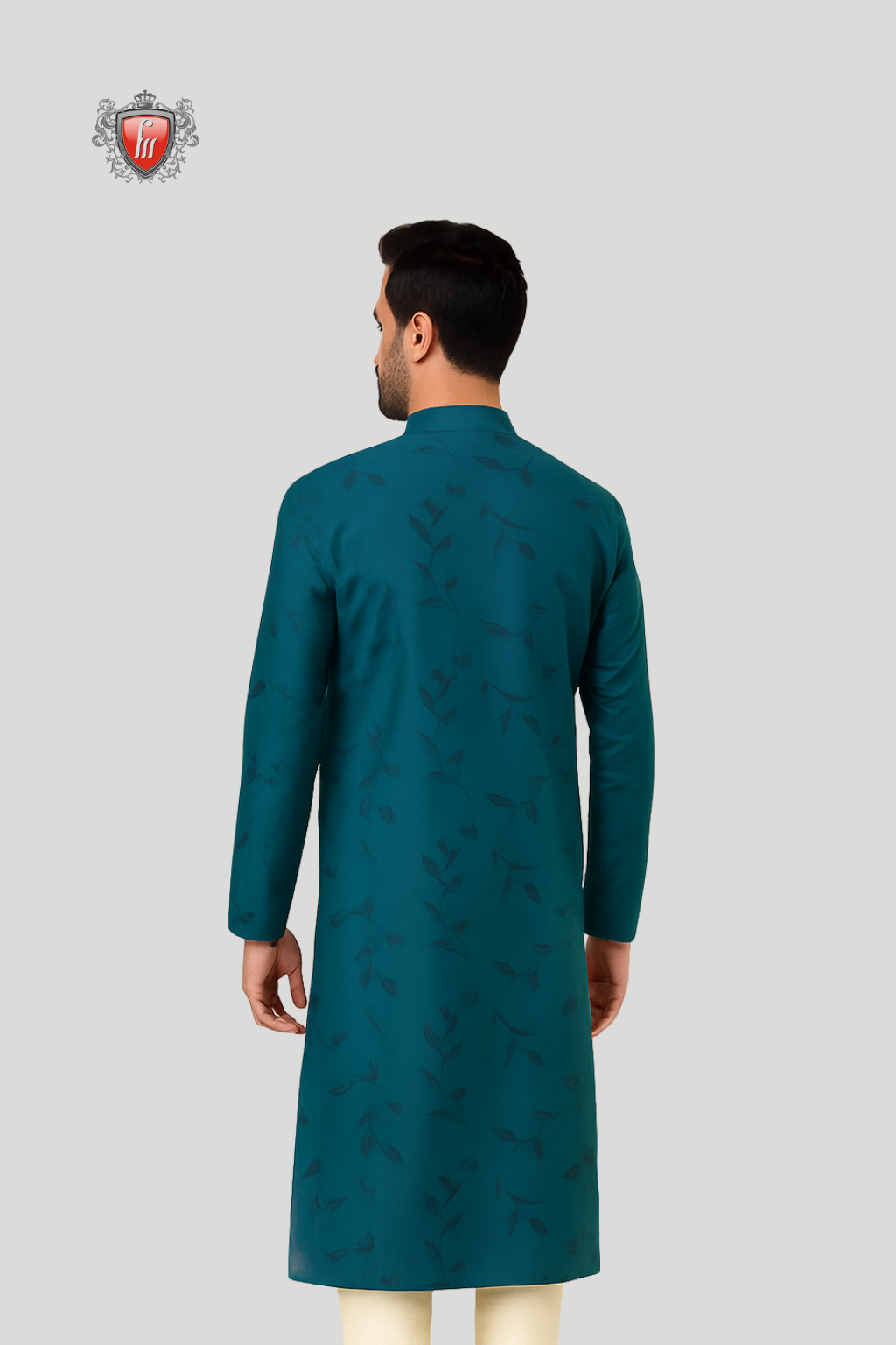 Men’s Teal Blue Silk Kurta – Black Leaf Detailing, Festive Ethnic Wear