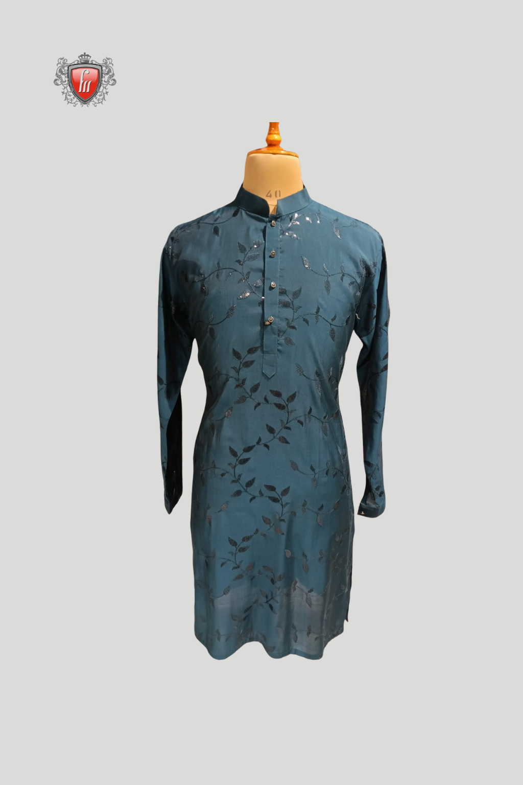 Men’s Teal Blue Silk Kurta – Black Leaf Detailing, Festive Ethnic Wear