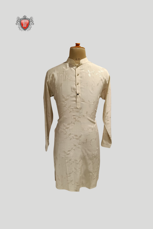 Men’s Beige Floral Sequin Kurta Pajama  – Heritage Hand Embroidery, Festive Wear