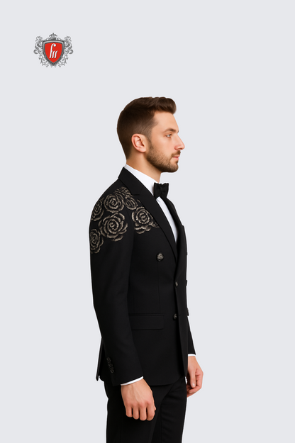 Men’s Black Embroidered Suit – Luxury Formal Wear for Weddings & Parties