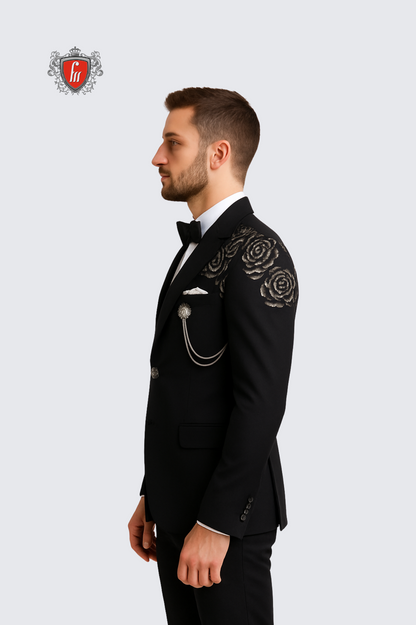 Men’s Black Embroidered Suit – Luxury Formal Wear for Weddings & Parties