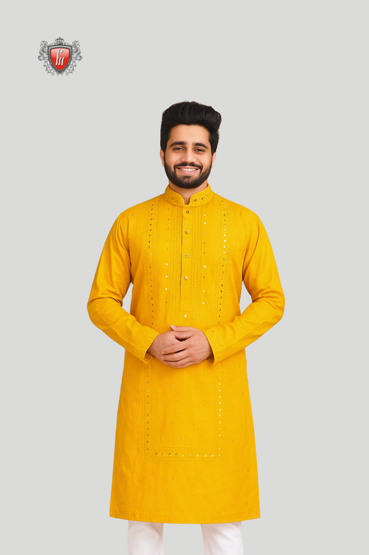 Men’s Yellow Chikankari Kurta – Mirror Work, Festive Heritage Wear