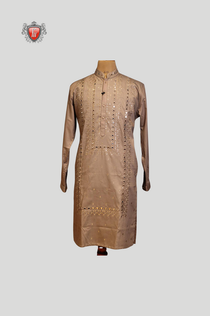 Men’s Maroon-Brown Silk Kurta – Sequin Embellishments, Festive Shine