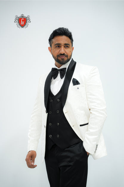 Men’s White Tuxedo 3-Piece Suit with Black Satin Lapel – Elegant Formalwear