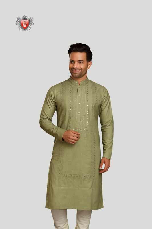 Men’s Sage Green Chikankari Kurta – Hand Embroidered, Festival Wear