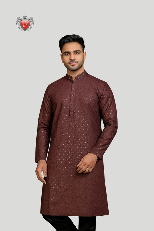 Men’s Maroon-Brown Silk Kurta – Sequin Embellishments, Festive Shine