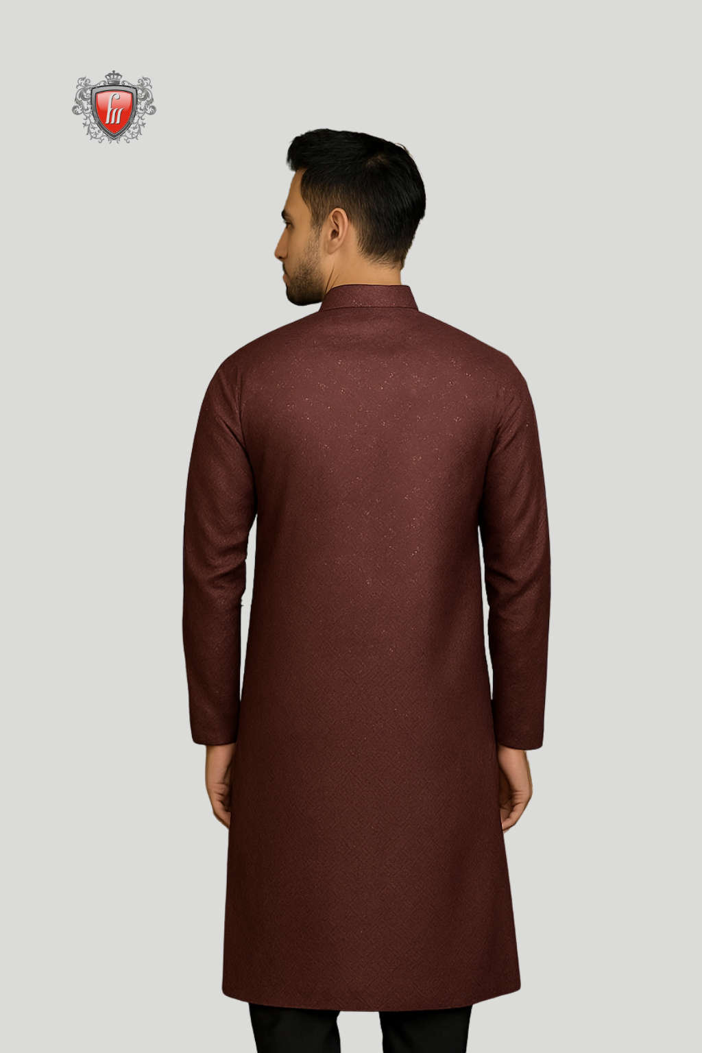Men’s Maroon-Brown Silk Kurta – Sequin Embellishments, Festive Shine