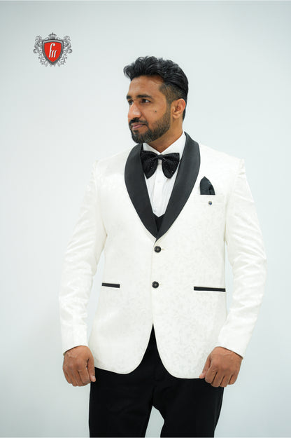 Men’s White Tuxedo 3-Piece Suit with Black Satin Lapel – Elegant Formalwear