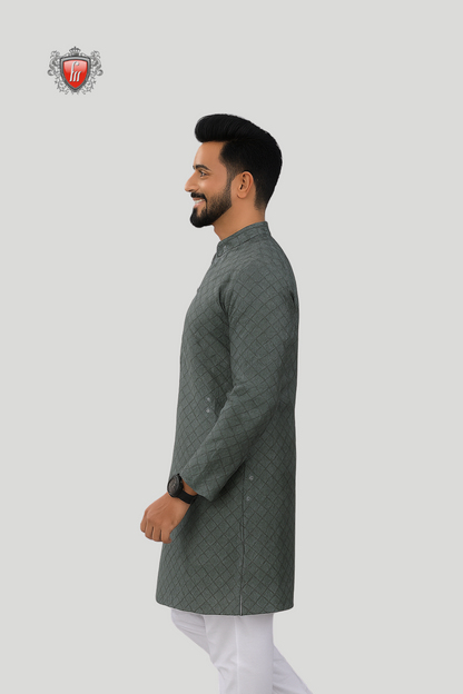 Men’s Charcoal Grey Kurta – Embroidery & Mirrorwork, Mandarin Collar