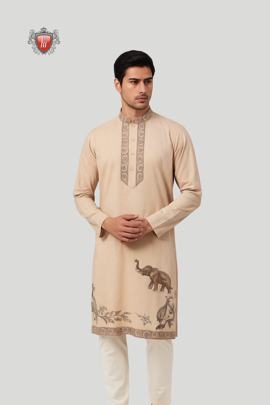Men’s Silk Beige Kurta – Elephant & Leaf Art, Festive Heritage Wear