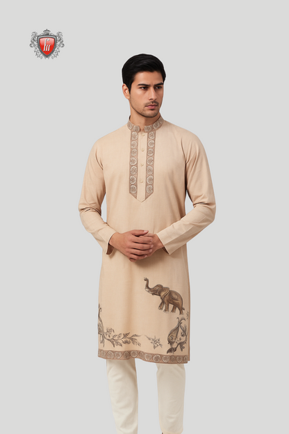 Men’s Silk Beige Kurta – Elephant & Leaf Art, Festive Heritage Wear