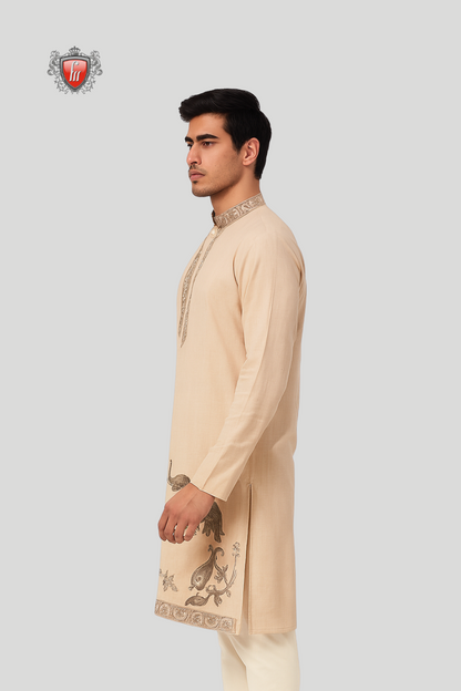 Men’s Silk Beige Kurta – Elephant & Leaf Art, Festive Heritage Wear