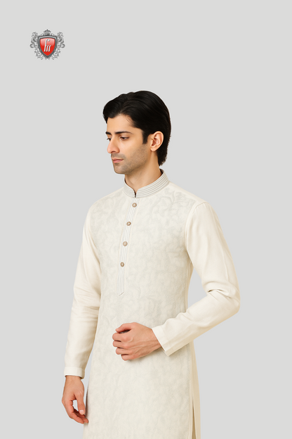 Men’s Elegant Royal White Kurta – Self-Embroidery, Mandarin Collar & Button Detailing, Perfect for Weddings & Festive Celebrations