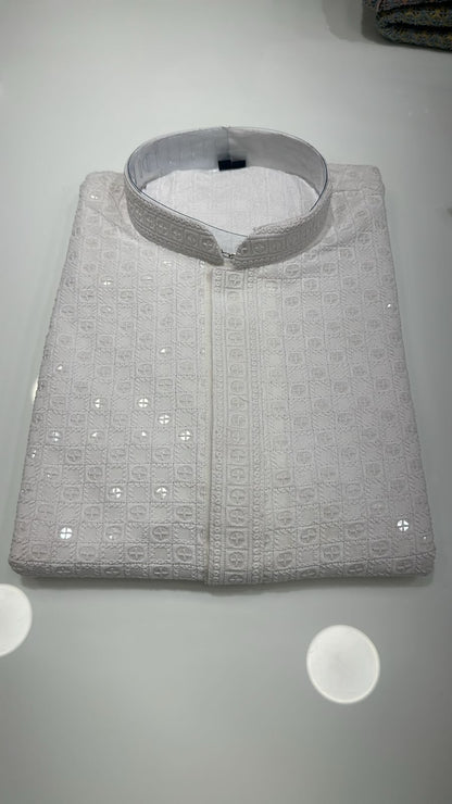 White Chikankari Kurta Pajama for Men – Elegant Embroidered Ensemble