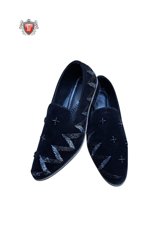 Men’s Black Velvet Jutti with Zigzag Metallic Embroidery & Bead Detailing