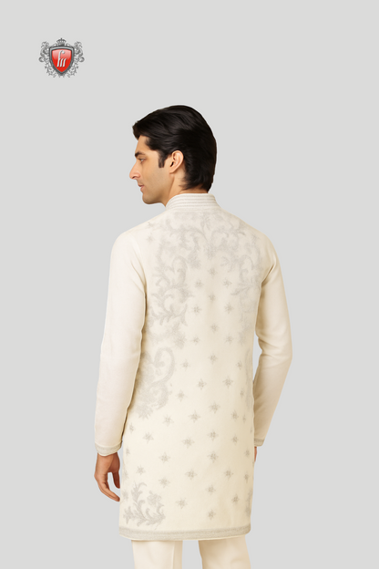 Men’s Elegant Royal White Kurta – Self-Embroidery, Mandarin Collar & Button Detailing, Perfect for Weddings & Festive Celebrations