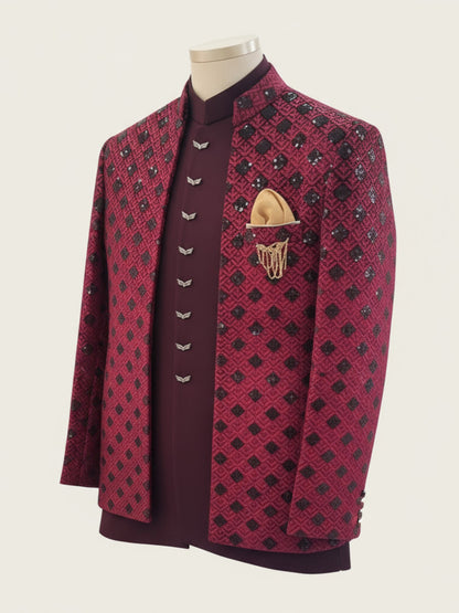 Maroon Embroidered Indo-Western Jacket Set for Men