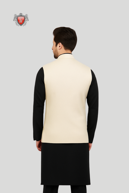 Men's Black Kurta Paired with Beige Waistcoat and Pocket Square - Classic Elegance for Every Occasion