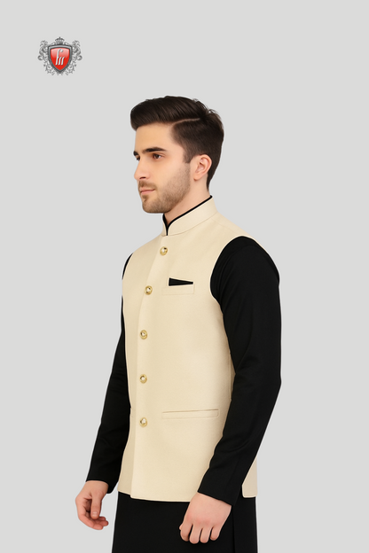 Men's Black Kurta Paired with Beige Waistcoat and Pocket Square - Classic Elegance for Every Occasion