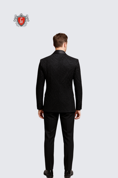Men’s Black Geometric Crystal-Embroidered Tuxedo with Satin Shawl Lapel – Luxe Formal Wear