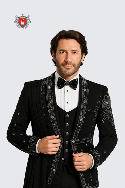 Men’s Black Royal Beaded Sherwani Tuxedo with Crystal Draped Shoulder – Luxe Wedding & Reception Attire