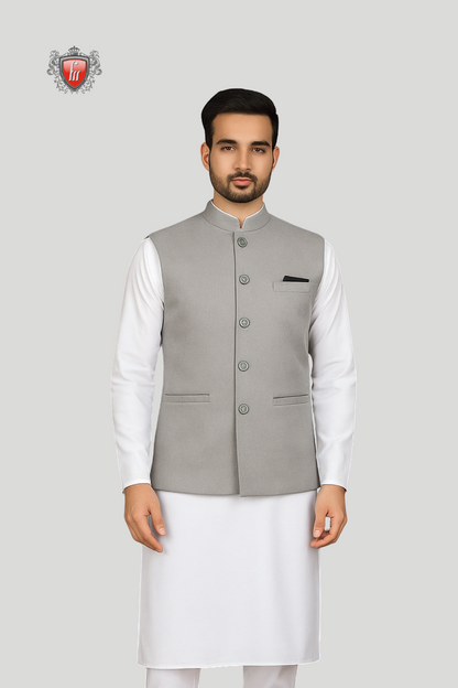 White Kurta Pajama & Light Grey Waistcoat – a flawless balance of tradition and contemporary elegance.
