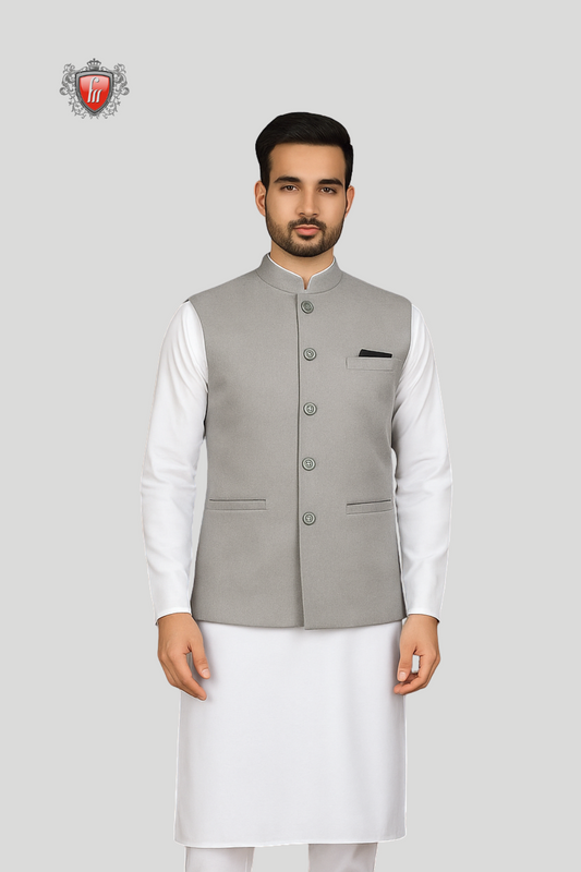 White Kurta Pajama & Light Grey Waistcoat – a flawless balance of tradition and contemporary elegance.