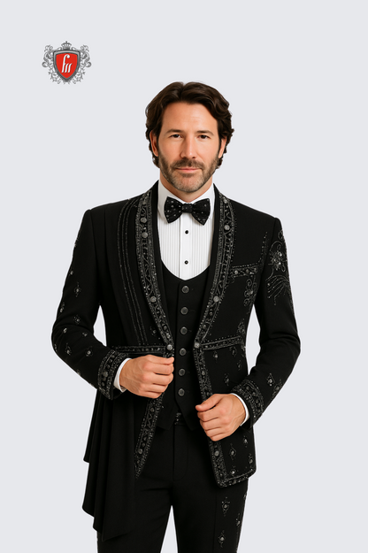 Men’s Black Royal Beaded Sherwani Tuxedo with Crystal Draped Shoulder – Luxe Wedding & Reception Attire
