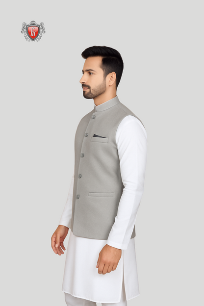 White Kurta Pajama & Light Grey Waistcoat – a flawless balance of tradition and contemporary elegance.