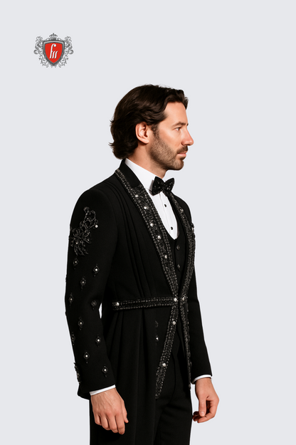 Men’s Black Royal Beaded Sherwani Tuxedo with Crystal Draped Shoulder – Luxe Wedding & Reception Attire