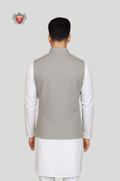 White Kurta Pajama & Light Grey Waistcoat – a flawless balance of tradition and contemporary elegance.