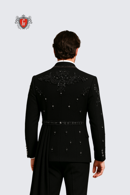Men’s Black Royal Beaded Sherwani Tuxedo with Crystal Draped Shoulder – Luxe Wedding & Reception Attire