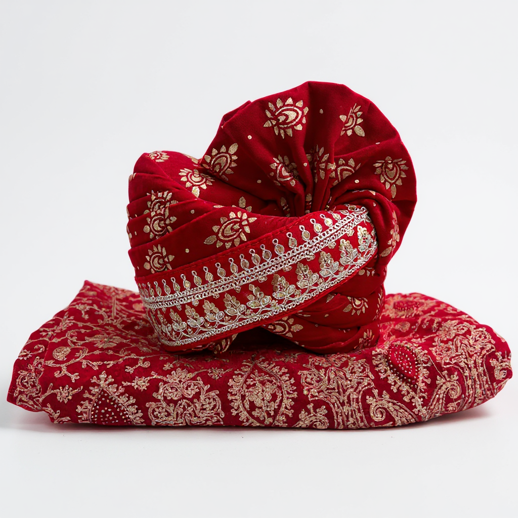 Red & Gold Embroidered Pagri for Men | Traditional Wedding Safa