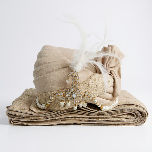 Cream Gold Groom Pagri with Kalgi & Feather | Wedding Safa for Men