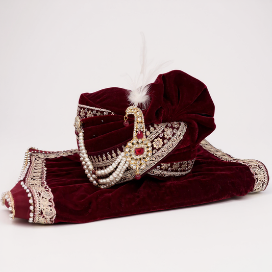 Maroon Velvet Groom Pagri with Kalgi & Pearls | Wedding Safa for Men